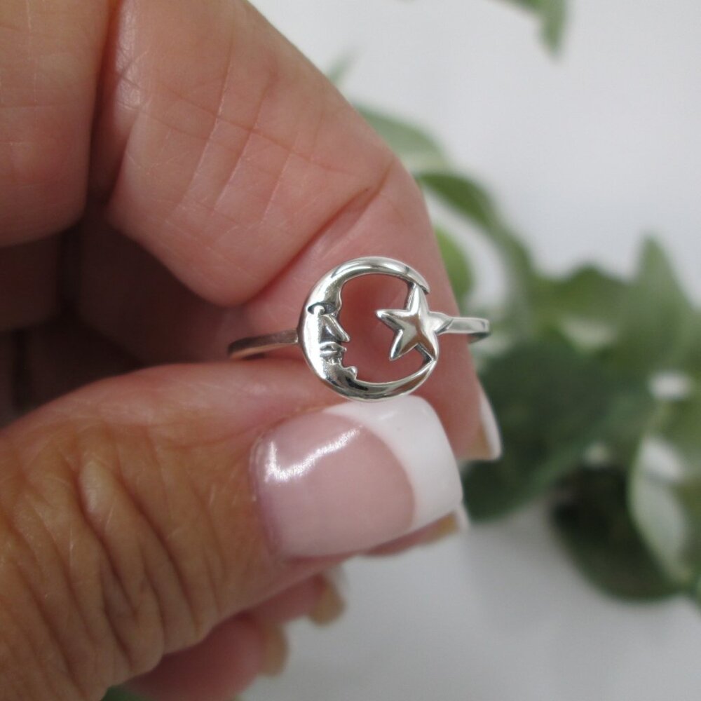 Sterling Moon/Star Ring>Dainty Crescent Moon Ring,925 Custom Celestial Ring